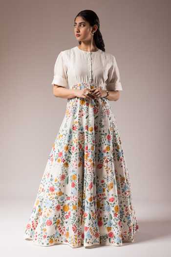 Prama By Pratima Pandey Hand Painted Floral Motif Maxi Dress 