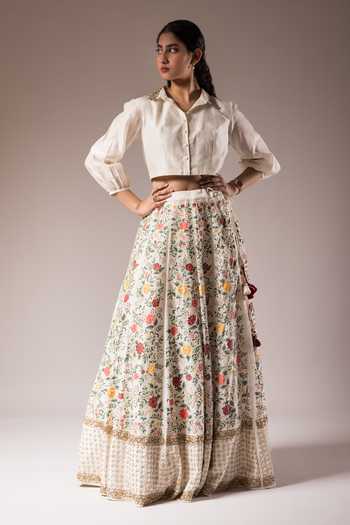 Prama By Pratima Pandey Silk Chanderi Blouse & Hand Painted Lehenga Set 