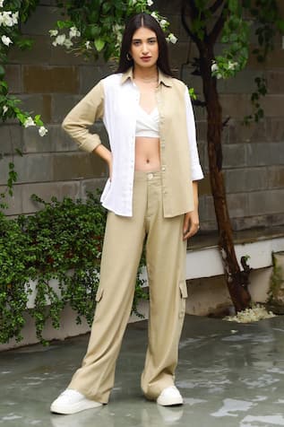 Gulaal Color Block Asymmetric Shirt With Cargo Pant Set 