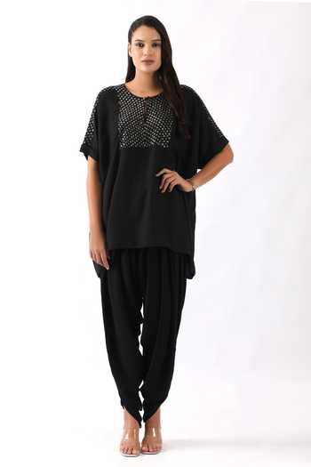 Nemaani Nalki & Moti Embroidered Yoke Kaftan With Dhoti Pant 