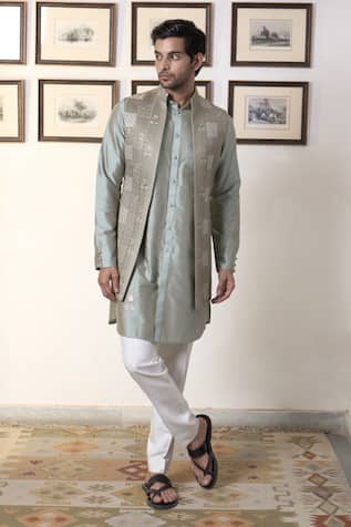 Mosaic Embroidered Long Open Bundi Kurta Set 