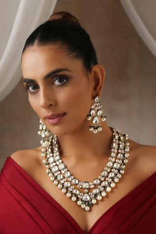 SWABHIMANN Pearls & Polki Work Layered Necklace Set 