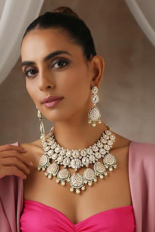 SWABHIMANN Floral Cutwork Polki Embellished Necklace Set 