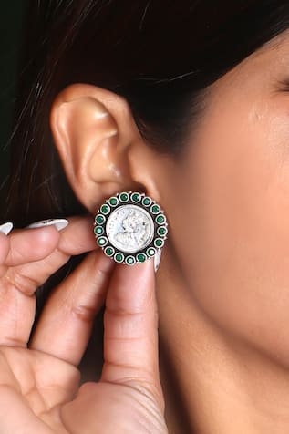 Noor Jadau Embellished Floral Carved Stud Earrings 