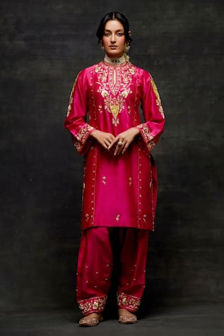 Anantaa By Roohi Silk Chanderi Flower Embroidered Short Kurta & Salwar Set 