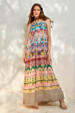 Bhanuni By Jyoti Chevron Print Halter Neck Maxi Dress 