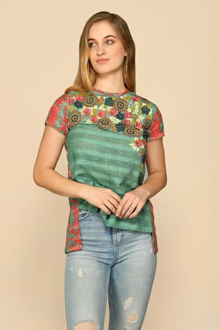 Bhanuni By Jyoti Irish Floral Embroidered Yoke Mesh Top 