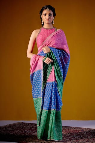 Vashisht Guru Dutt Handloom Chanderi Mul Block Print Saree With Blouse 