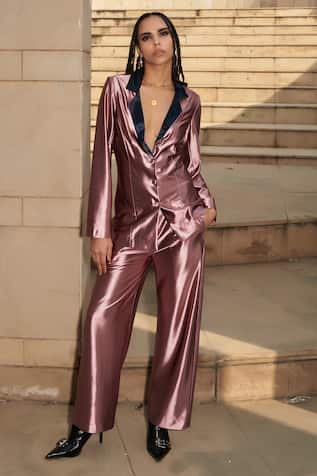 Cin Cin Metallic Lycra Lapel Collar Blazer With Pant 