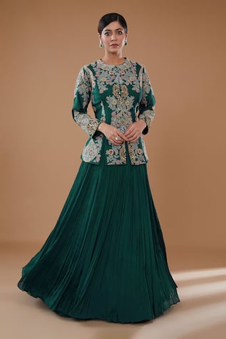 BAIDEHI Gardenia Embroidered Jacket With Pleated Lehenga 