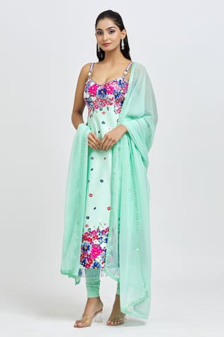 Floral Print Bead Embroidered Kurta Legging Set 