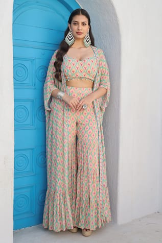 Seams Pret And Couture Inaya Floral Ogee Print Cape Sharara Set 