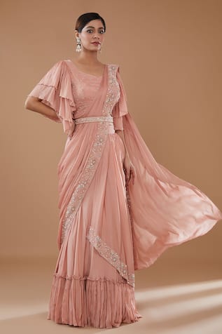 BAIDEHI Floral Embroidered Border Draped Lehenga Saree Set 