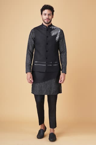 Manish Nagdeo Asymmetric Printed Bundi Jacket Printed Kurta Set 