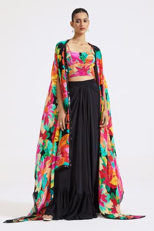 Basanti - Kapde Aur Koffee Abstract Floral Print Cape Skirt Set 