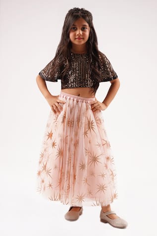 LIL DRAMA Sequin Embellished Choli Star Print Lehenga Set 