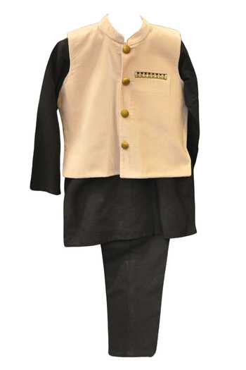 MINIME ORGANICS Black Cotton Silk Kurta Set With Velvet Bundi 