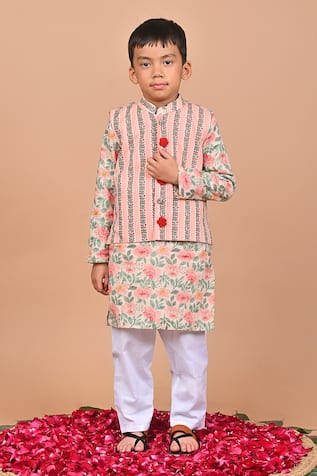 THE COTTON STAPLE Dapper Flower Placement Embroidered Nehru Jacket Set 