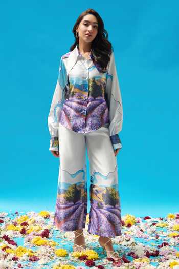 Cin Cin Scenic Print Satin Shirt & Pant Set 