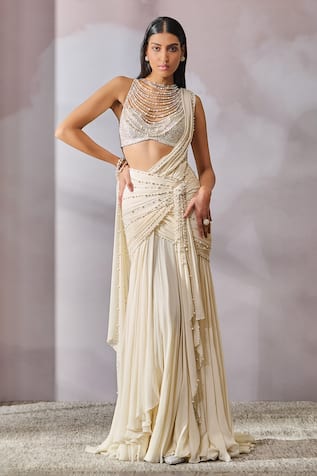 Tarun Tahiliani Pearl Embellished Concept Saree With Blouse 