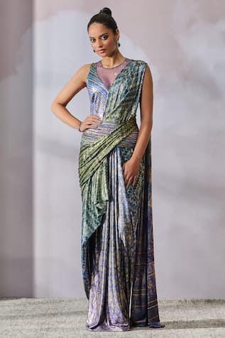 Tarun Tahiliani Stripe Pattern Concept Saree With Bodysuit 