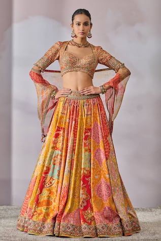 Tarun Tahiliani Phulkari Print Pleated Lehenga Set 