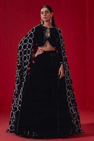 Studio22 by Pulkita Arora Bajaj Velvet Lehenga Set With Spherical Embellished Shawl 