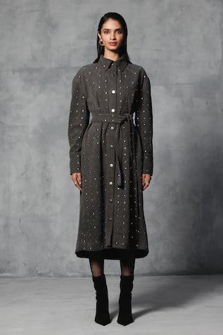 Mellowdrama Studs Embellished Trench Dress With Belt 