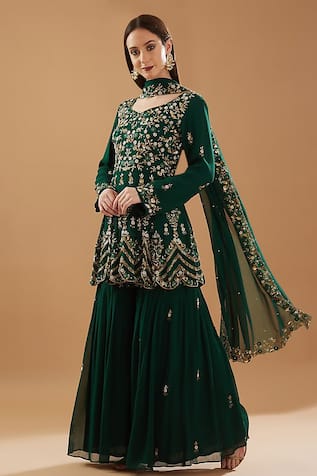 Floral Embroidered Peplum Kurta Sharara Set 