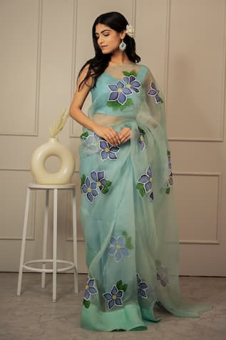 Mangalmay by Aastha Botanical Hand Painted Saree With Unstitched Blouse Piece 