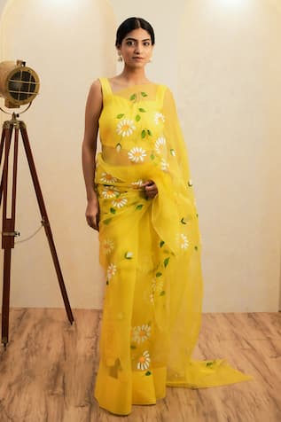 Mangalmay by Aastha Daisy Hand Painted Saree With Unstitched Blouse Piece 