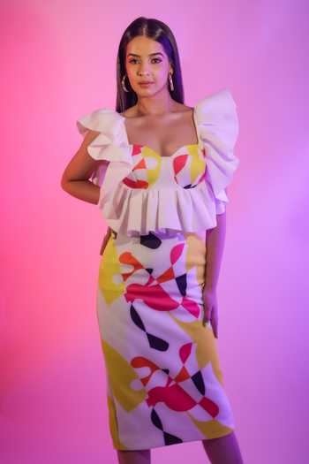 Ranbir Mukherjee Calcutta Multi Color Cluster Print Top & Skirt Set 