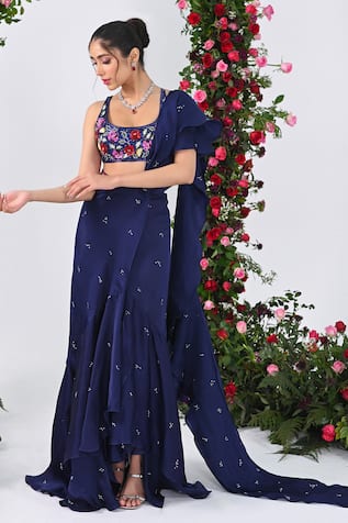 KIRAN KALSI Crystal Drops Embroidered Ruffled Lehenga Saree With Blouse 