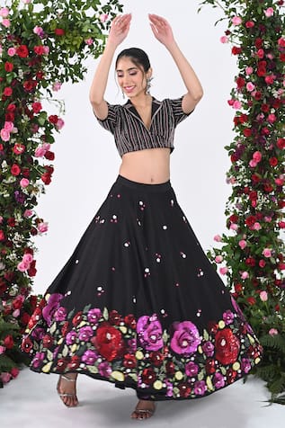 KIRAN KALSI Sequin Rosette Meadow Embellished Lehenga Set 