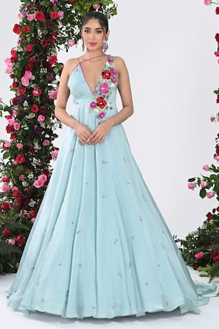 KIRAN KALSI Rose Bloom Plunging V Neck Gown 