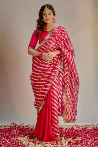 Ranbir Mukherjee Calcutta Gota Work Striped Saree With Blouse 