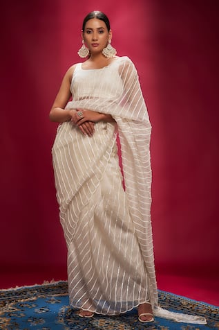 Ranbir Mukherjee Calcutta Tonal Sequin Striped Saree With Blouse 