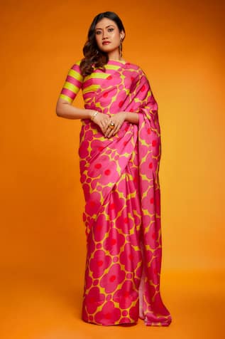 Ranbir Mukherjee Calcutta Floral Print Saree With Striped Blouse 