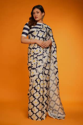 Ranbir Mukherjee Calcutta Floral Print Saree With Striped Pattern Blouse 