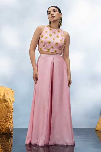 Mona And Vishu Floret Crystal Embellished Crop Top With Palazzo 
