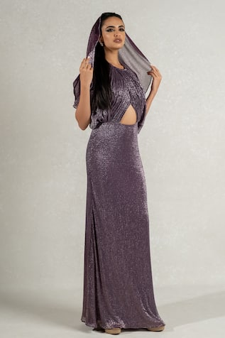 Pinup By Astha Metallic Backless Detachable Hood Gown 