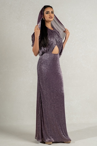 Pinup By Astha Metallic Backless Detachable Hood Gown
