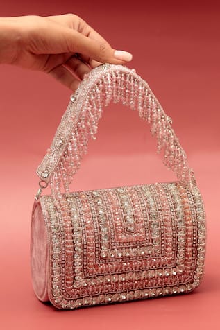 THE TAN CLAN Nysa Crystal Glass Beads Encrusted Flap Clutch Bag 