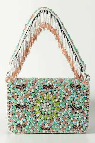 THE TAN CLAN Rainbow Beads Embellished Flap Clutch Bag 