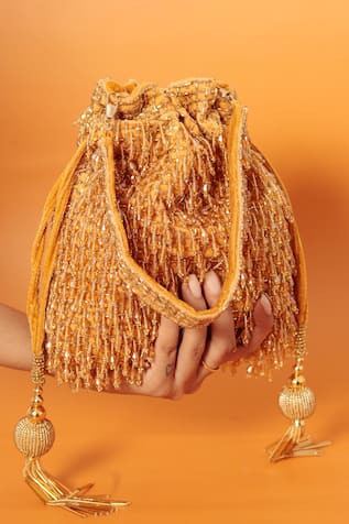 THE TAN CLAN Rosa Glass Bead Fringe Encrusted Potli Bag 