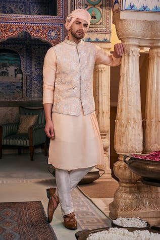 The Royaleum Raw Silk Embroidered Bundi Pleated Kurta Set 