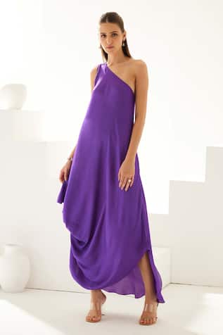 Solid One-Shoulder Draped Midi Dress 