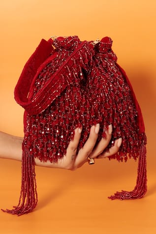 THE TAN CLAN Rosa Beaded Fringe Encrusted Potli Bag 