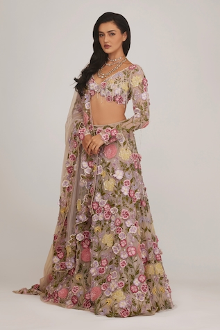 SHRIYA SOM 3-D Floral Applique Embellished Bridal Lehenga Set