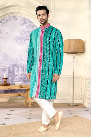 Kasbah x AZA Sequin Striped Embroidered Kurta With Pant 